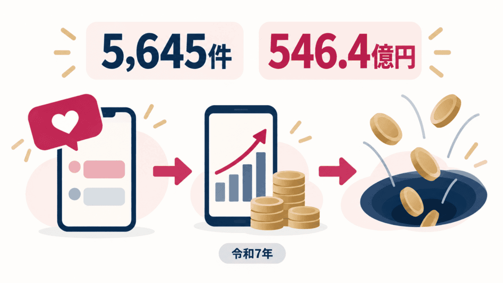 恋愛感情を抱かせてから投資に誘い、お金をだまし取るSNS型ロマンス詐欺の流れの図。