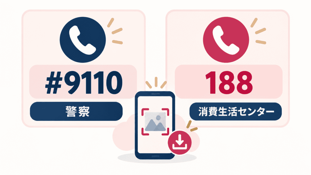 ゲームやSNSで知り合った人にお金を求められたときの相談先（#9110・188）の図。