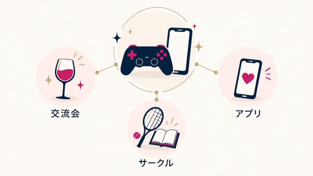 ゲーム・SNSの出会いと、交流会・マッチングアプリ・社会人サークルの組み合わせ方の図。