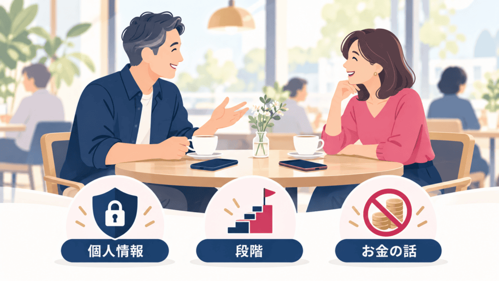 ゲームで知り合った40代の男女が、昼間のカフェで初めて会って話すイラスト。