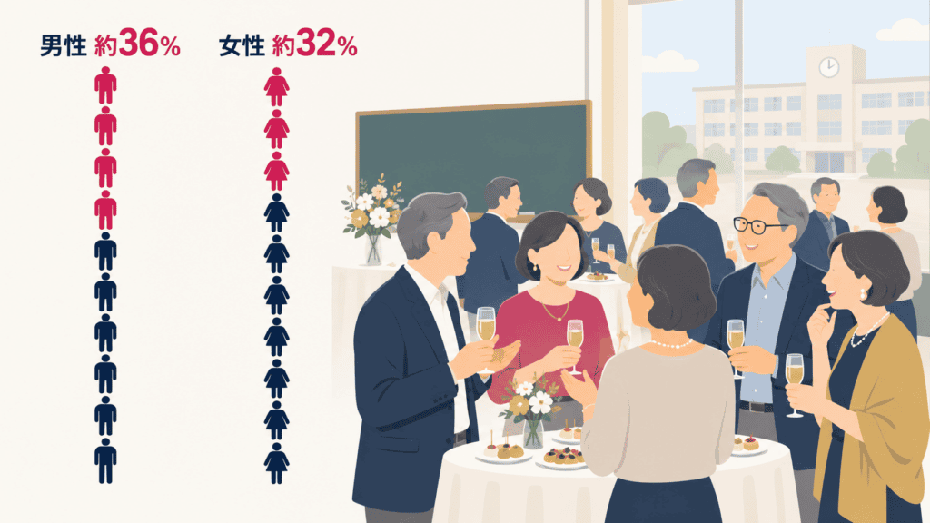 50代で配偶者のいない人の割合(男性約36%・女性約32%、2025年国勢調査からの計算値)と同窓会の場面を並べた図。