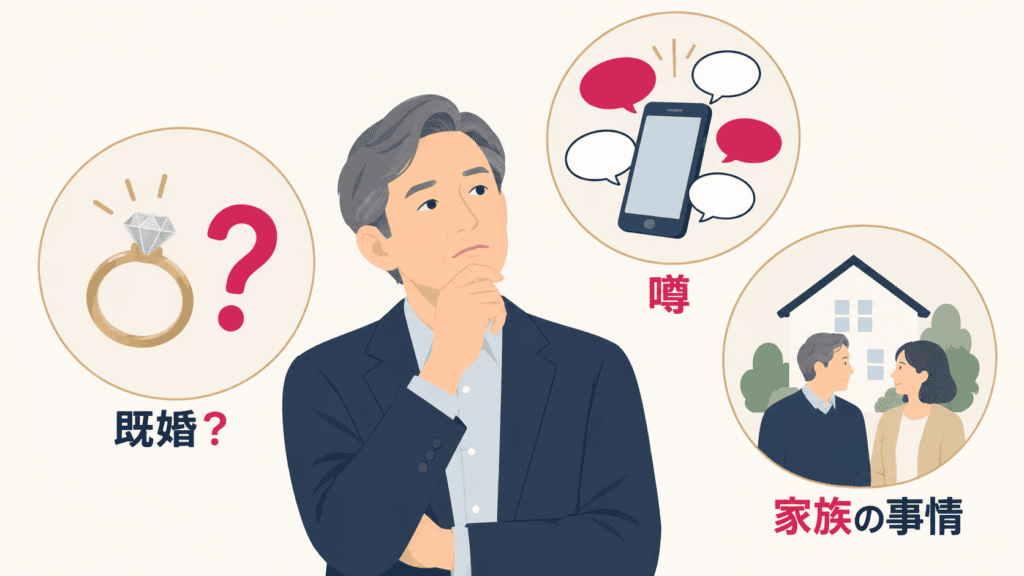同窓会の恋愛でためらう3つの理由(相手が既婚か・同級生の噂・家族の事情)を並べた図。