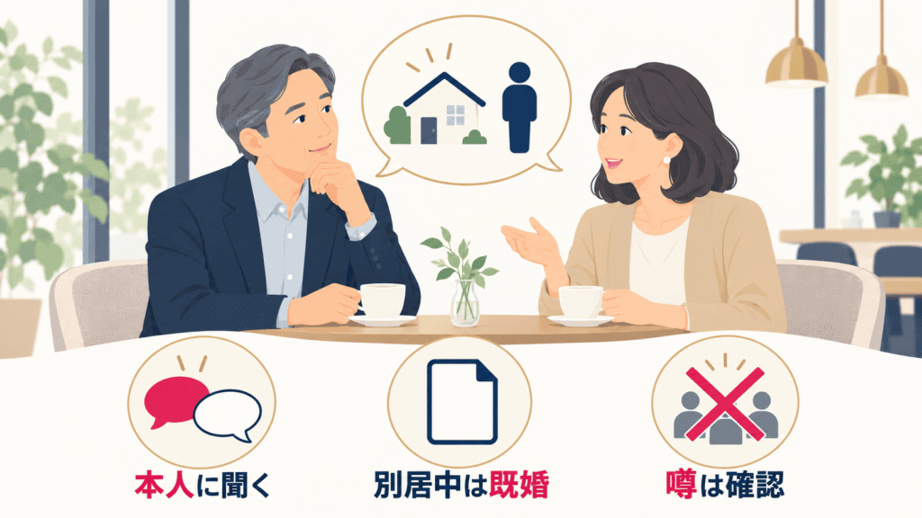 独身かどうかを本人の言葉で確かめ、別居中は法律上既婚、噂はうのみにしないことを示す図。