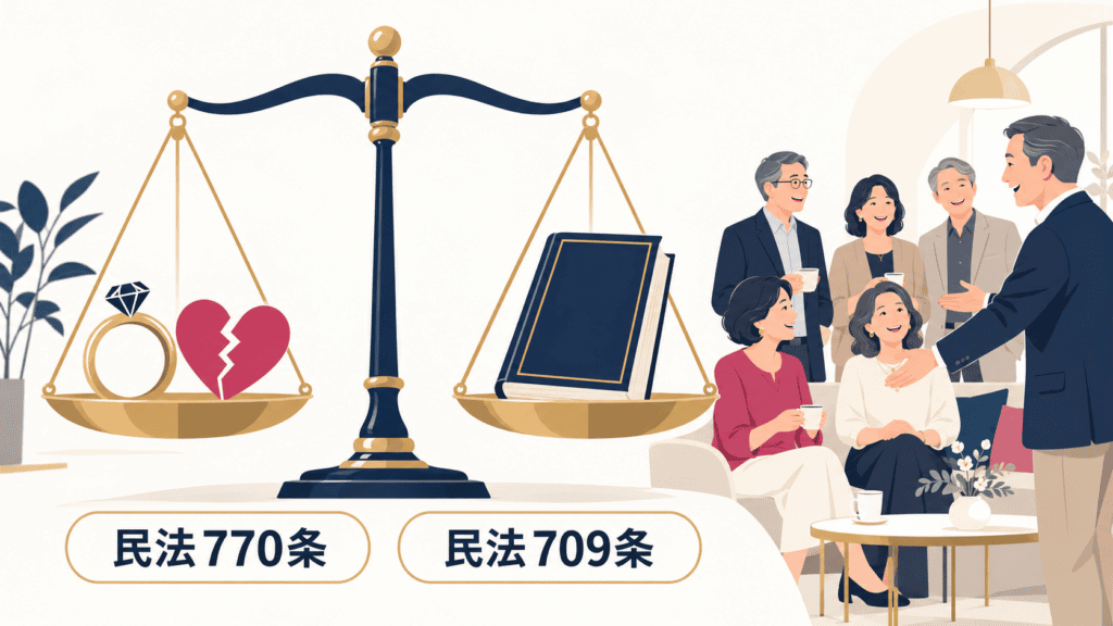 既婚者との関係が離婚事由や賠償につながりうることと、グループで会う形に置きかえる断り方を示した図。
