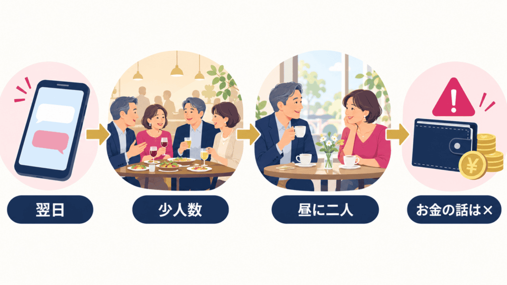 同窓会の翌日のお礼から、少人数の集まり、昼に二人で会うまでの段階を示した図。