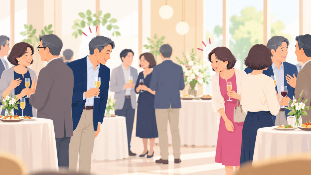 気持ちが通じなかったあとも、次の同窓会で同級生としてあいさつを交わす場面のイラスト。