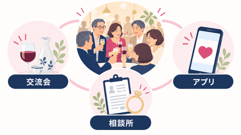 同窓会のほかに、交流会・マッチングアプリ・結婚相談所という出会いのきっかけを並べた図。