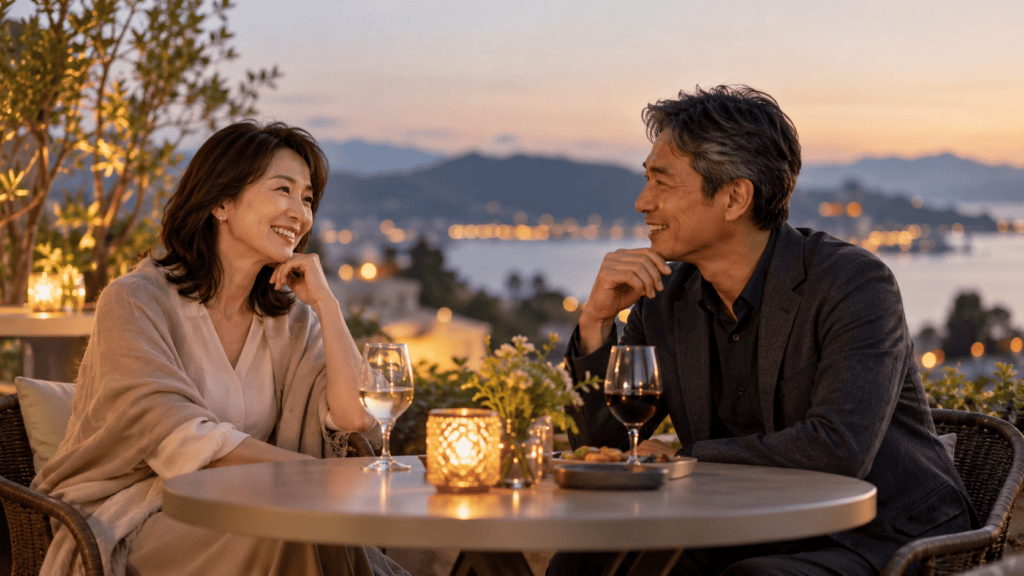 同世代の男女がゆったりと会話する様子