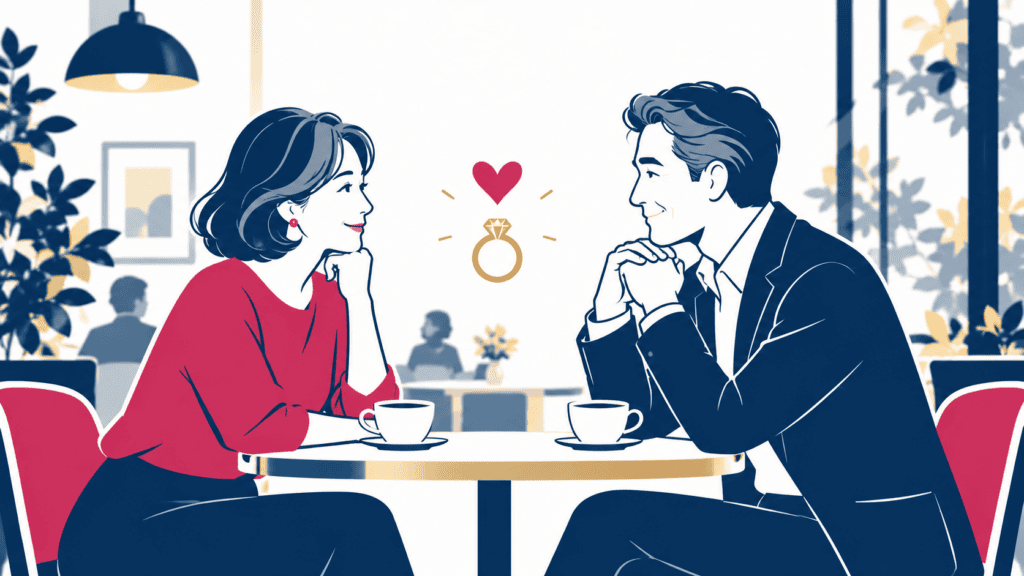 落ち着いた席で気持ちを伝える大人の二人のイラスト。