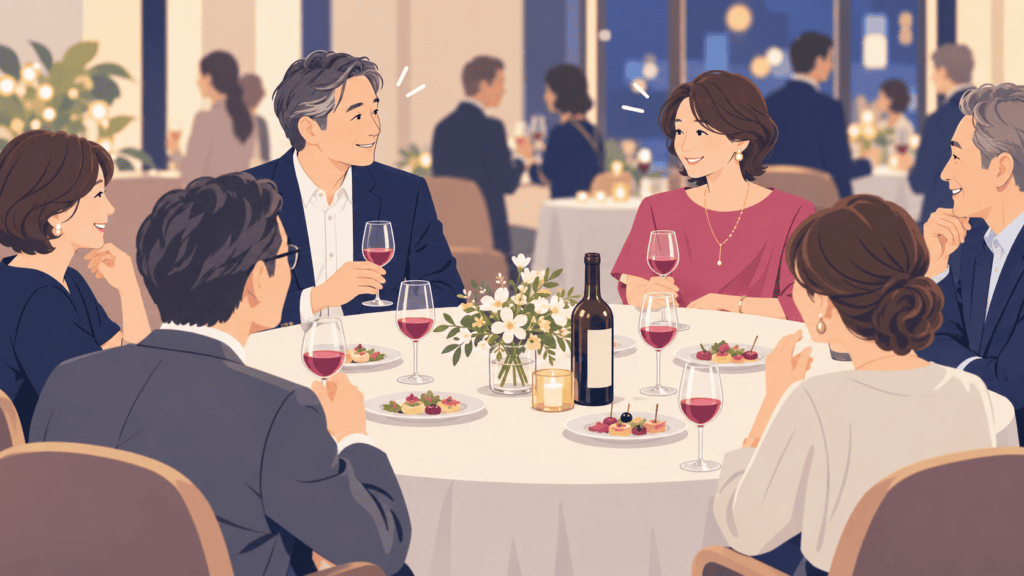 交流会で知人として挨拶を交わす大人たちのイラスト。